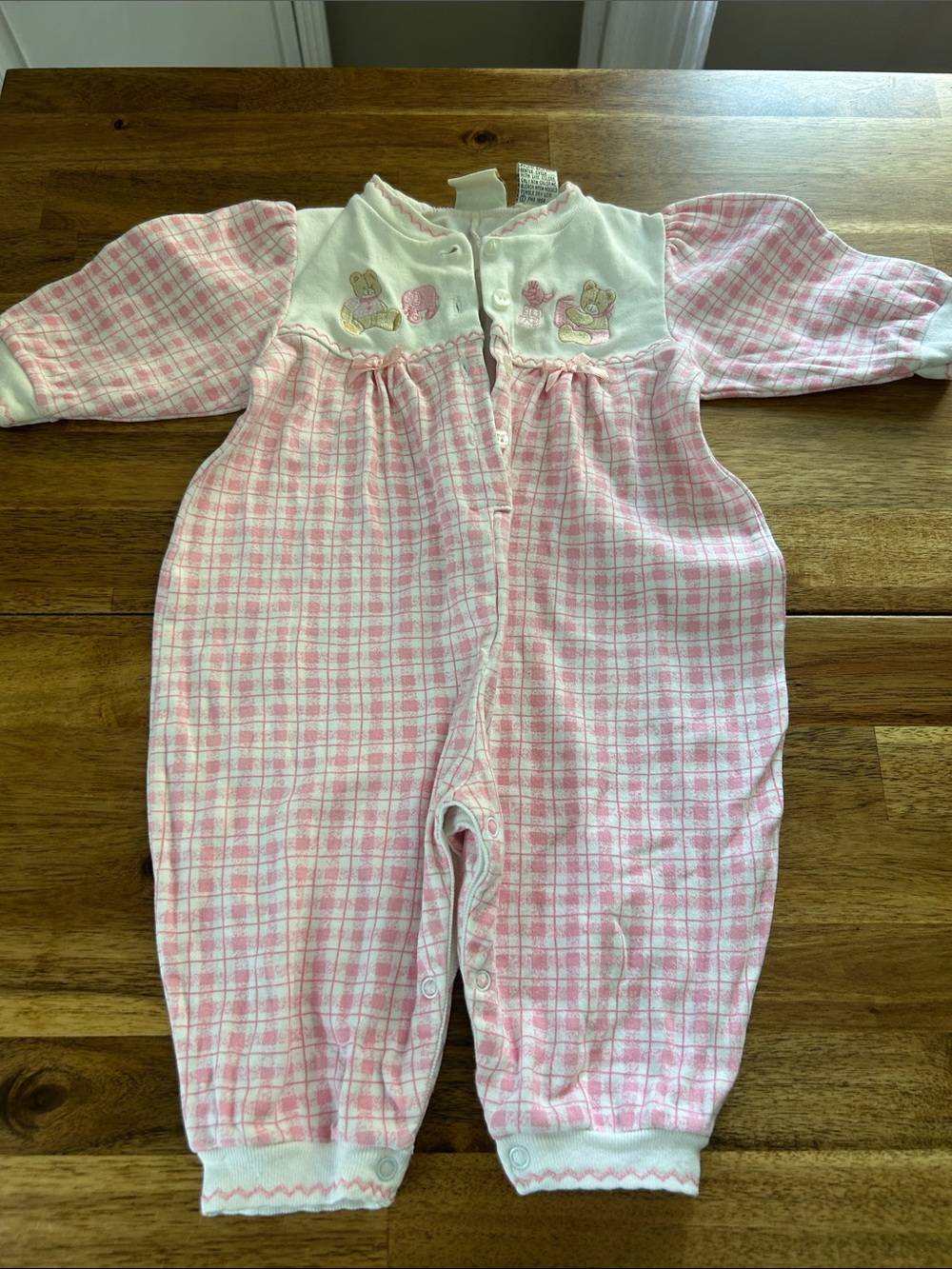 Vintage Baby Girl Charter Club Pink Plaid Outfit with Bear Embroidery